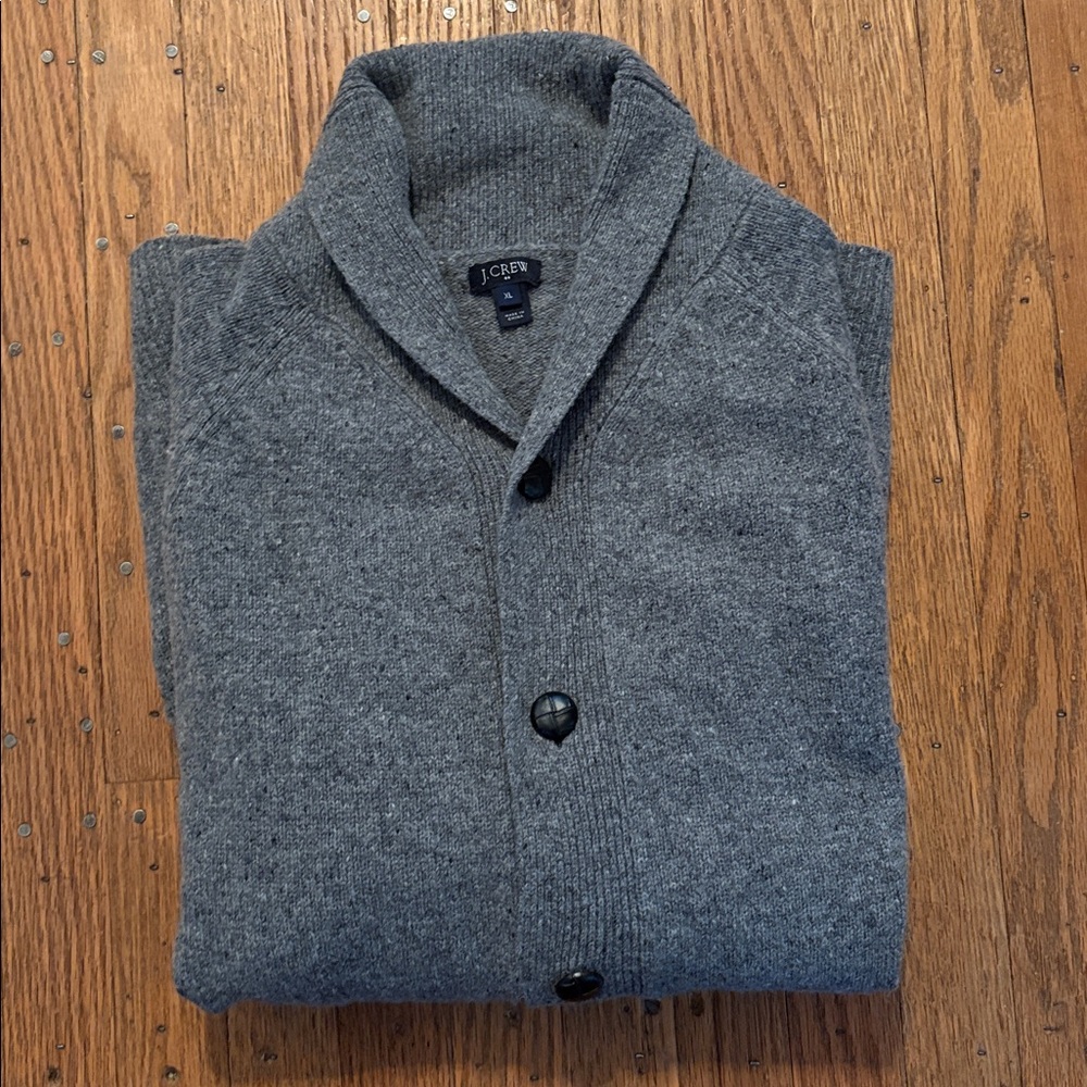 J Crew Lambs Wool Cardigan Sweater Shawl Collar Pockets Gray Unisex XL - Picture 2 of 7